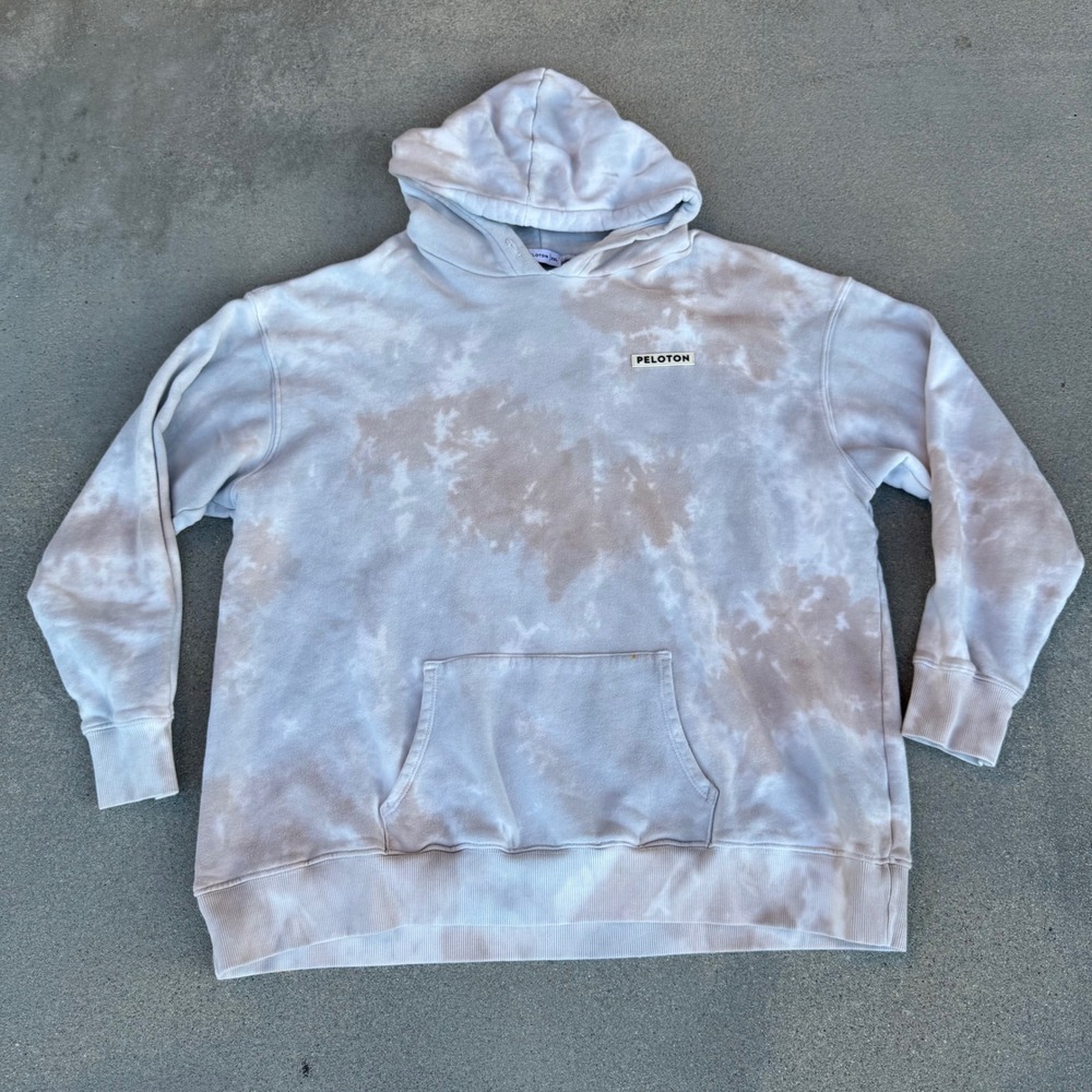 Peloton Mens XXL Tie Dye Pullover Hoodie Tan White Cloud Wash Sweatshirt USA